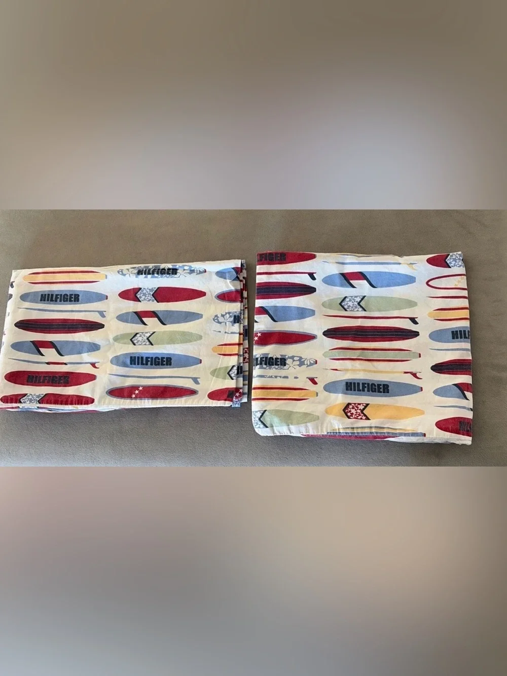 Set Of Two Tommy Hilfiger, Surfboard Pillowcases 1 Queen 30”x 18” 1 Euro 21”x24”